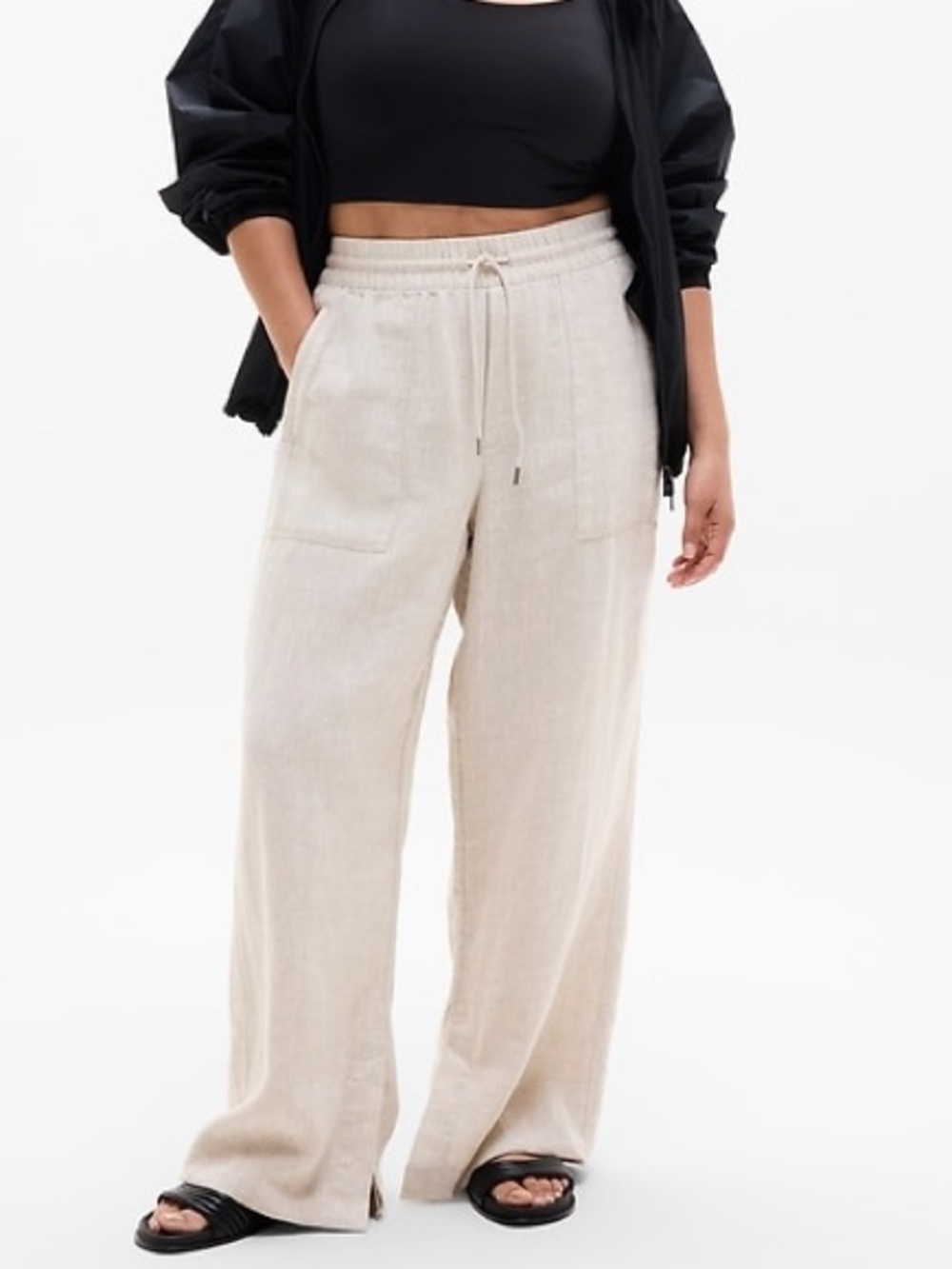 Athleta Wide-Leg Drawstring Linen Pants in Light Beige
